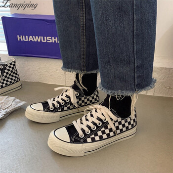 显腿瘦棋盘格子鞋女生平板鞋凡布祺盆高帮帆布鞋女学生2021秋季韩版