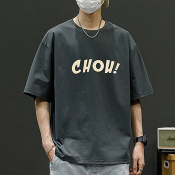 潮牌字母印花宽松青少落肩半袖衣服美式冰丝短袖恤男士夏季t恤百深灰