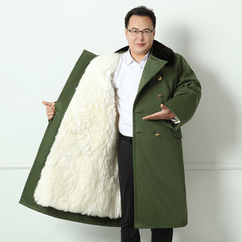 长款防寒东北劳保服加厚保暖羊毛棉袄 [军绿色]长毛绵羊皮内胆不可拆