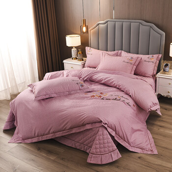欧喜娅加厚加棉床单简约风夹棉床盖四件套被套床罩床套床上用品 红枫
