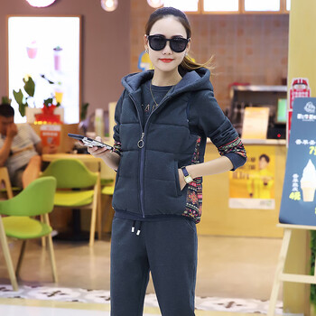 欧宇杉 高端品牌金丝绒运动套装女秋冬加绒加厚三件套韩版双面绒休闲