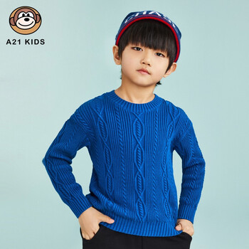 秋冬新款宽松圆领落肩长袖针织衫纯色洋气儿童毛衣r413343001蓝色130