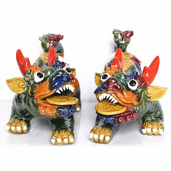 莱杉石湾公仔陶瓷一对七彩麒麟吉祥物客厅办公室家居摆件 小号一对