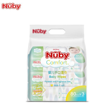 努比（Nuby）婴儿柔湿巾 儿童手口纯水湿巾 屁屁可用 0添加 不连抽 带防尘盖 组合装 80抽 3包