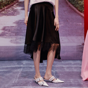 云思木想原创设计师女装2020年夏季新款拼接蕾丝不规则中长款修身半身裙17386 黑色 S