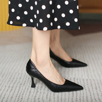 真皮久站不累脚高跟鞋细跟工作鞋女黑色职业单鞋子女黑色5cm跟高38