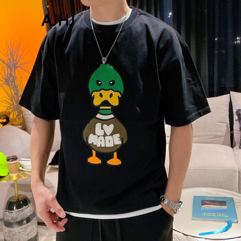 ajhj 港风潮牌刺绣短袖t恤男2022夏季新款个性时尚字母鸭子帅气百搭