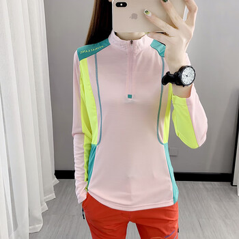 迪卡侬户外防晒速干衣女长袖t恤女轻薄透气快干衣跑步弹力运动徒 粉色