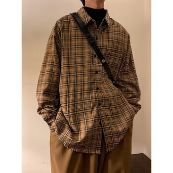 特奇玛巴布瑞欧美风复古棕色格子衬衫男春秋新款衬衣美式oversize外套