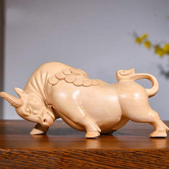 卡洛乐太行崖柏木雕牛气冲天摆件实木雕刻办公室华尔街牛炒股工艺品