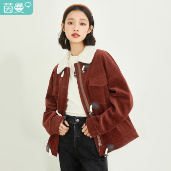 茵曼灯芯绒短外套女年冬季新款百搭休闲加绒羊羔毛领上衣女1814599奶