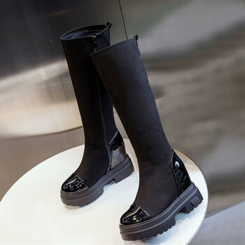 黑色靴女2022秋季新款厚底显瘦内增高骑士靴小个子不过膝长靴花朵