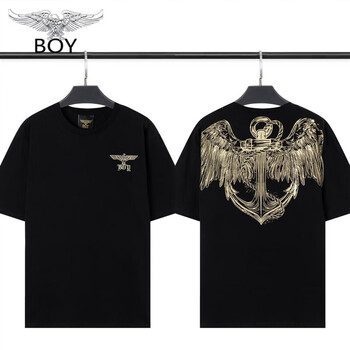 boy23春夏烫金老鹰字母短袖天使翅膀船锚宽松休闲男女学生t恤 黑 m90