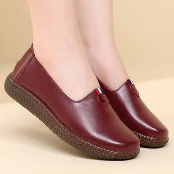 dgwe牛皮软底鞋子皮鞋女款深口单鞋老人防滑秋季女鞋牛筋底酒红色35