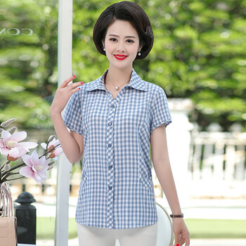 棉质格子衬衫女短袖夏装老年人衣服中年妈妈装衬衣蓝色xl建议95110斤