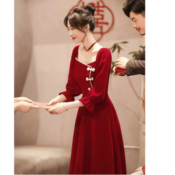 yinfan敬酒服新娘订婚礼服裙冬季小个子回门便装连衣裙结婚红裙酒红色