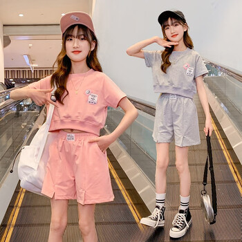 zkhe童装女童套装短袖短裤两件套夏款516岁女孩衣服儿童休闲粉色120码