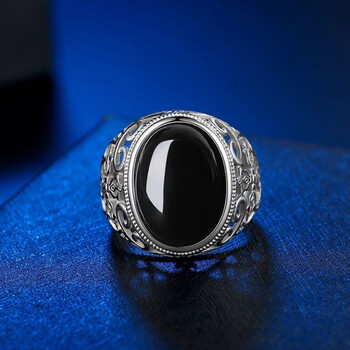 黑曜石戒指霸气个性仿黑玛瑙镀银男可调节求婚指环潮流韩版镂空蛋面黑