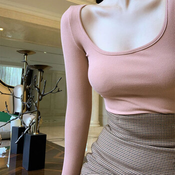 伊必圣低胸t恤欧货内搭长袖上衣显胸修身锁骨大领性感紧身方领女秋冬