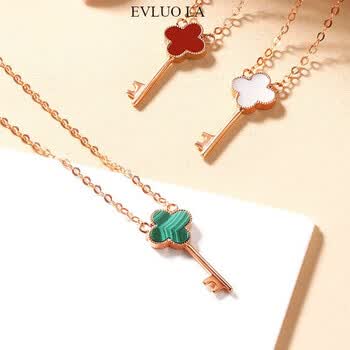 evluo la18k金项链四叶草钥匙吊坠彩金项链玫瑰金气质颈链网红吊坠