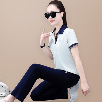 尚梦锦高端短袖休闲套装女夏运动服2022新款翻领洋气减龄显瘦长裤冰丝