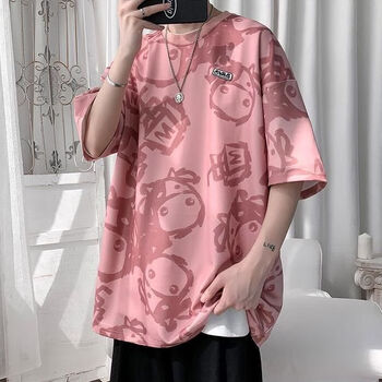 tkpo新款奶牛扎染t恤男生潮牌休闲个性情侣t恤粉色衣服 粉红色 2xl