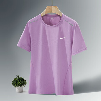 克冰丝滑料短袖t恤男圆领夏季高端透气休闲运动大码速干上衣 女紫 