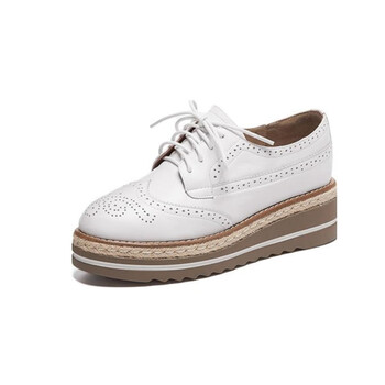 jiequ)他她街区白色真皮布洛克松糕女鞋复古系带单鞋德比鞋女 白色 33
