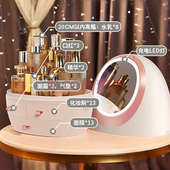 墨忘化妆品收纳盒化妆镜带灯生日礼物女生网红送女友闺蜜姐姐老婆母亲节福利 白色镜面带灯