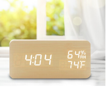 时光居品LED高清家用温湿度计闹钟时钟 充电款 竹木色白字