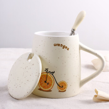 贝瑟斯 陶瓷杯带盖带勺咖啡杯早餐杯冲燕麦杯子 单车水果米黄色400ml