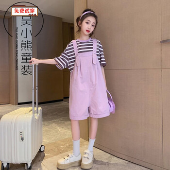 吴小熊女童夏装儿童套装新款912岁女孩衣服韩版女童背带裤两件套童装