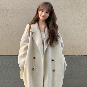 芩芙2022年秋冬季白色双面大衣女中长款韩系温柔小个子赫本风毛呢外套