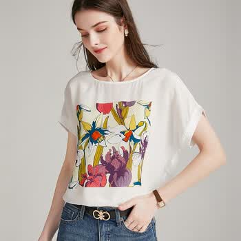 silviye真丝短袖印花t恤女打底衫桑蚕丝白色上衣宽松百搭小衫夏2022