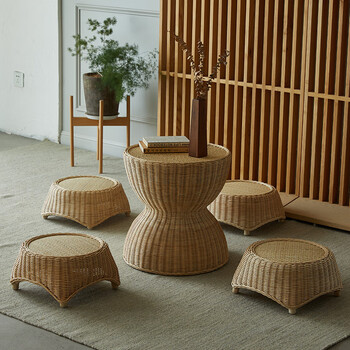 藤编茶几茶台艺术感极简圆形桌椅飘窗家用民宿北欧日式原木色沙漏茶几