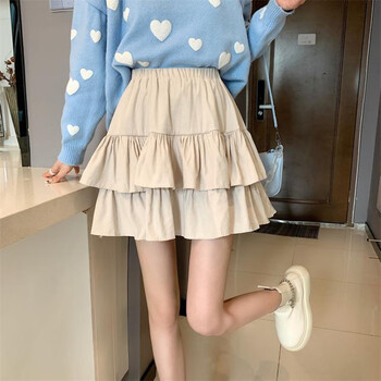 蓝诺猫秋冬新款色百搭短款学生蓬蓬蛋糕裙高腰显瘦荷叶边a字短裙杏色