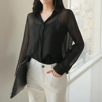 苍染 新品雪纺衫初春季2022年新款透视女上衣透明性感黑色衬衫时尚