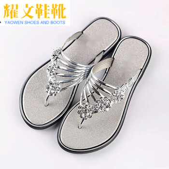 女士拖鞋夏季凉拖新款平底夹脚女鞋轻便拖鞋女外穿休闲人字拖银色36