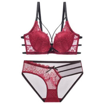 性感美背内衣女聚拢小胸少女透气蕾丝交叉带半杯文胸套装酒红色3885b