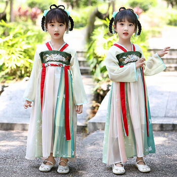 汉服古风儿童唐装中国风女孩民族风演出服连衣裙襦裙儿童古装绿色长袖