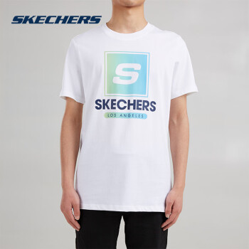 Skechers斯凯奇短袖T恤男夏季新款针织短t男士拼色LOGO印花套头上衣体恤 亮白色 L