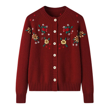 弗玛恩秋冬羊绒衫女100纯羊绒加厚开衫手工绣花毛衣外套针织羊绒衫酒