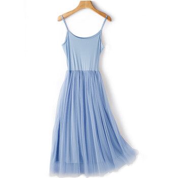 内穿裙子秋季2020年背心吊带纱裙长款蕾丝网纱裙春秋显瘦女 雾霾蓝