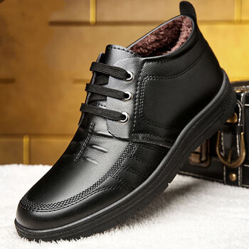 中年人棉皮鞋男冬天爸爸鞋老人棉鞋冬季男士平跟加绒加厚男鞋圆头时尚