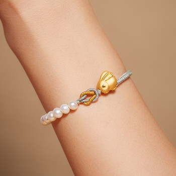 温彦新款黄金兔子转运珠999足金生肖兔本命年莫相离红绳珍珠手链串珠