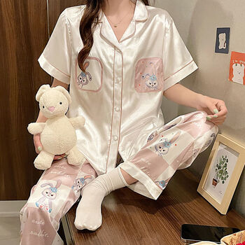 shihokoo夏天睡衣女冰丝短袖女生居家服夏季丝质睡裤女式家居服夏款女