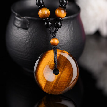 媛渡 虎眼石吊坠黄平安扣吊坠男士项链水晶饰品个性转运平安挂坠女