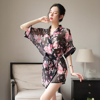 曼烟 情趣内衣女 诱惑印花和服制服 性感睡衣女深v开襟免脱睡袍套装