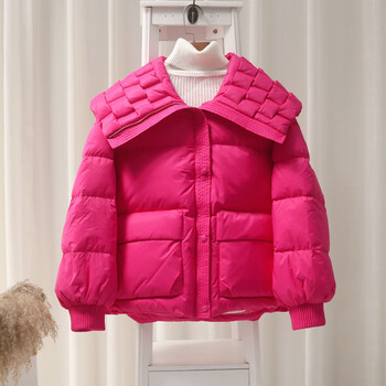 品恒羽绒服女短款冬季韩版宽松时尚大翻领面包服小个子外套红色玫红色