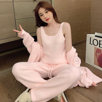 绵绵吊带三件套睡衣女秋冬季保暖加绒加厚珊瑚绒睡袍家居潮梦城 粉色